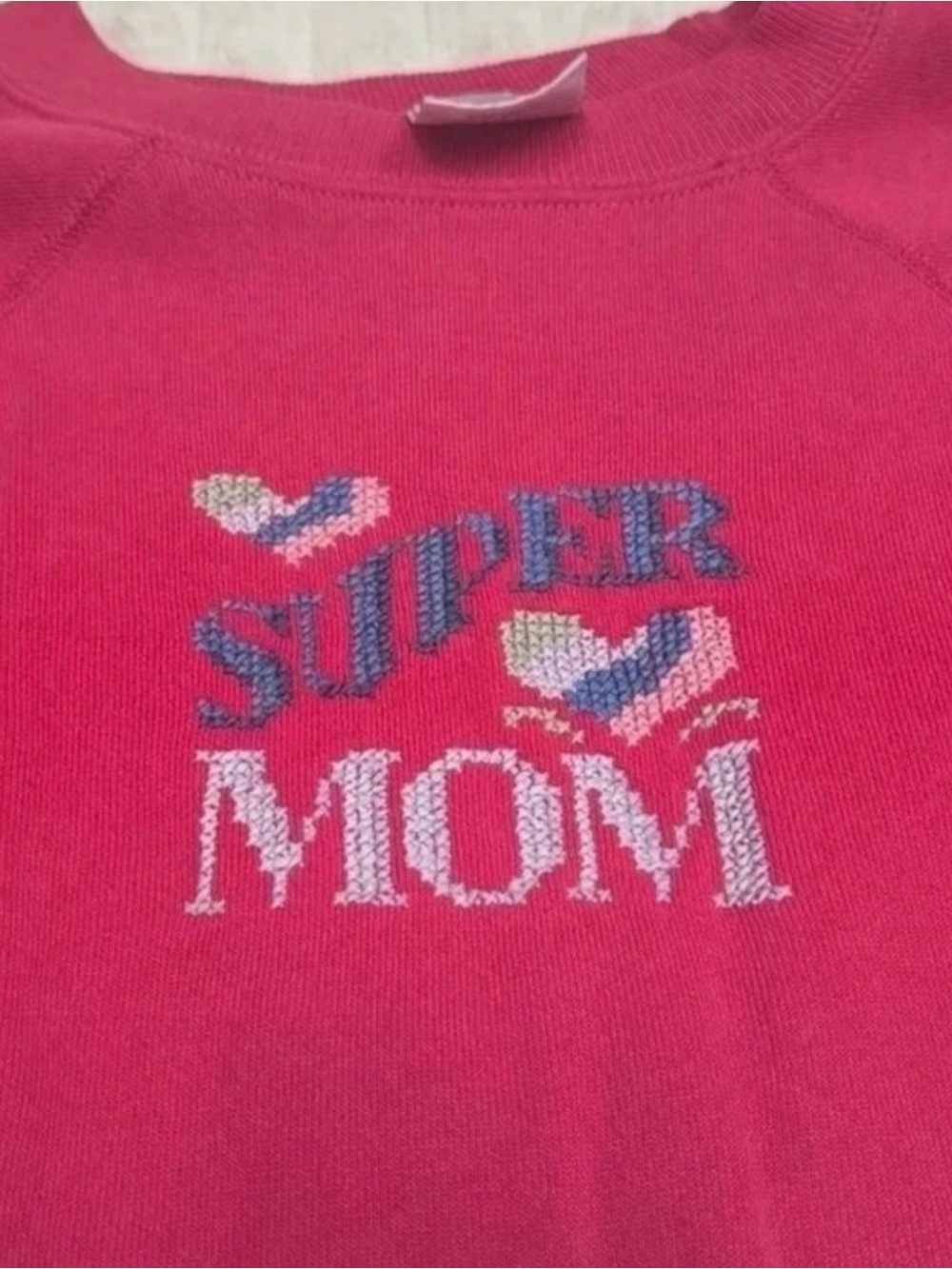 Hanes Pink Crewneck Sweater with "Super Mom" Knit Graphic